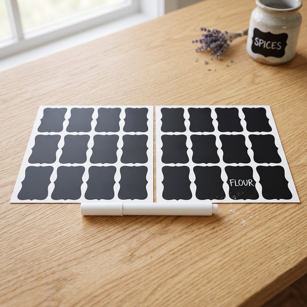 Two sheets of blank chalkboard labels and a white marker on a wooden table, with a small jar labeled "SPICES".