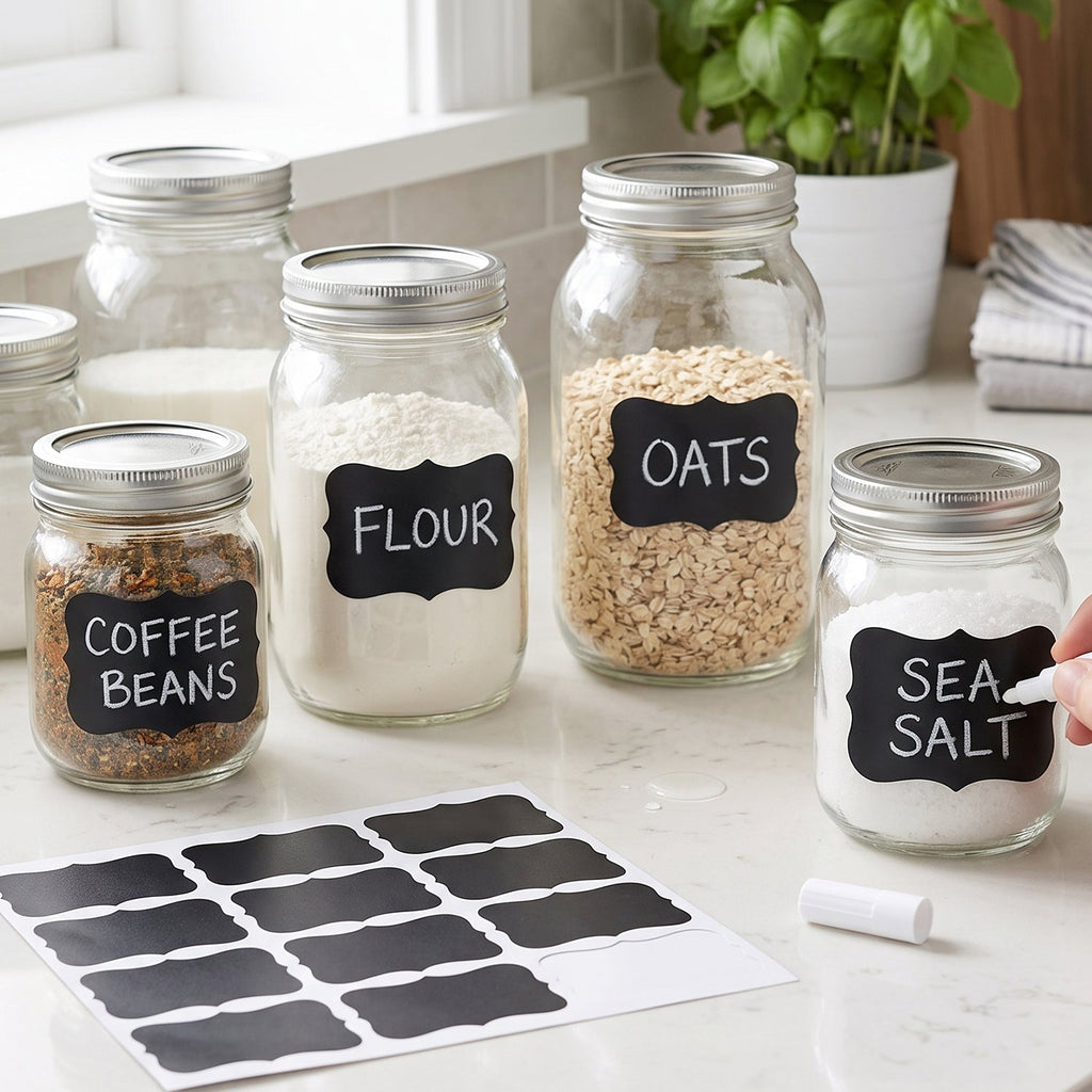 Five glass jars with chalkboard labels for coffee beans, flour, oats, and sea salt, with blank labels and a white marker.