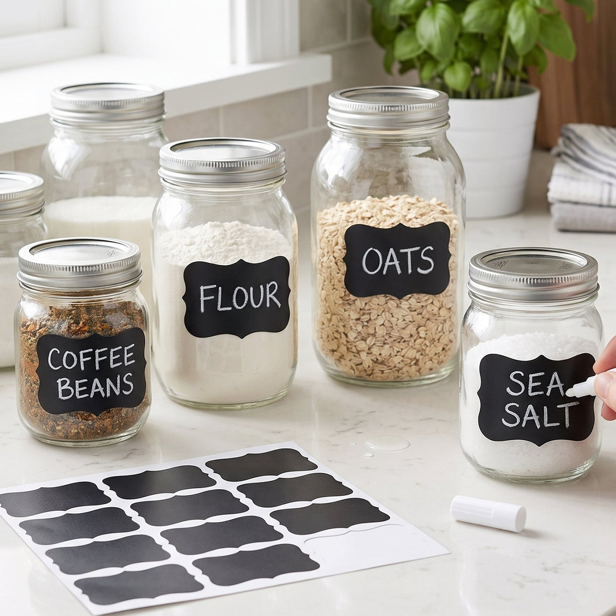 Five glass jars with chalkboard labels for coffee beans, flour, oats, and sea salt, with blank labels and a white marker.