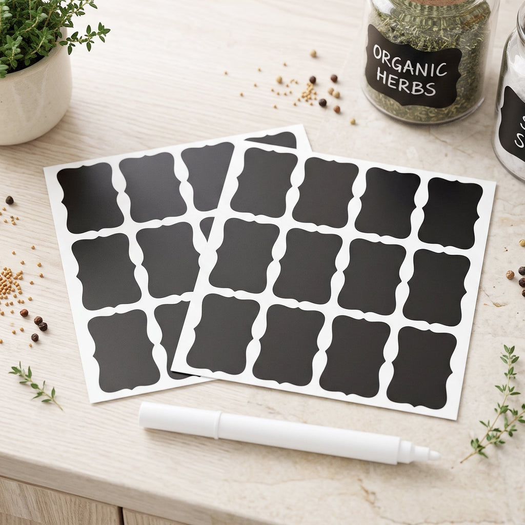 Two sheets of blank chalkboard labels and a white marker on a wooden surface, with herbs and spices scattered.