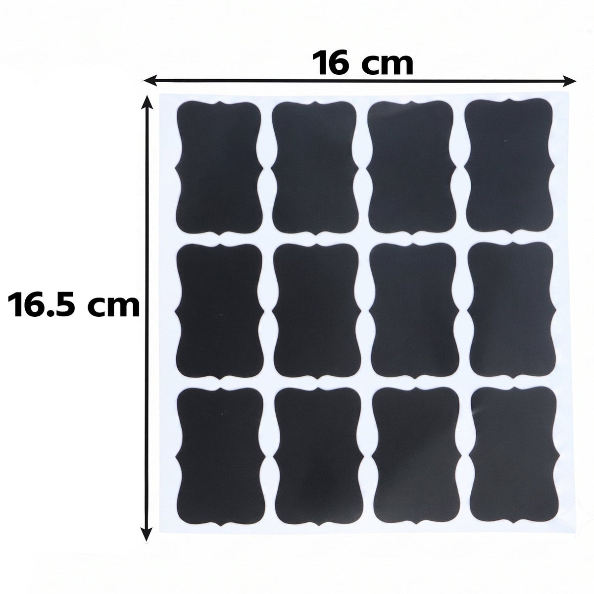 A single sheet of blank chalkboard labels with dimensions 16 cm by 16.5 cm shown.