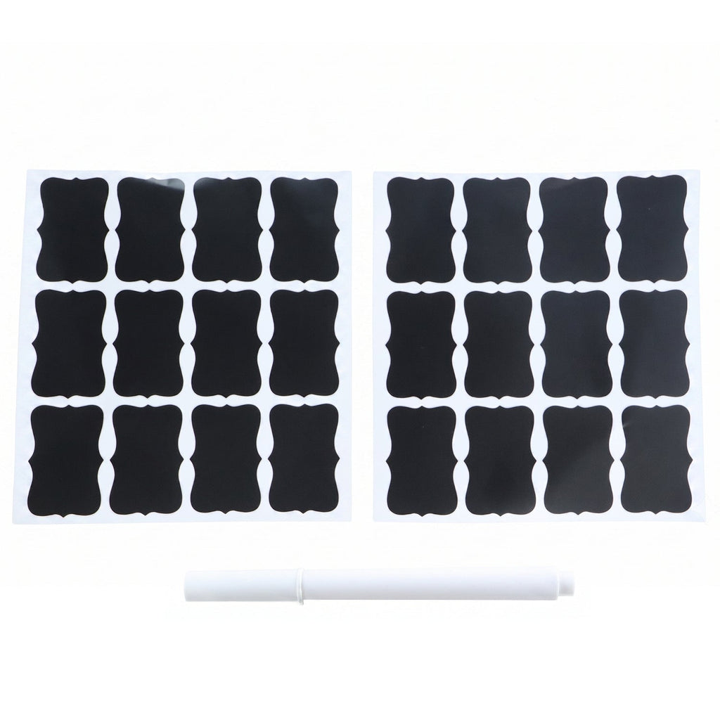 Two sheets of blank chalkboard labels and a white marker on a white background.