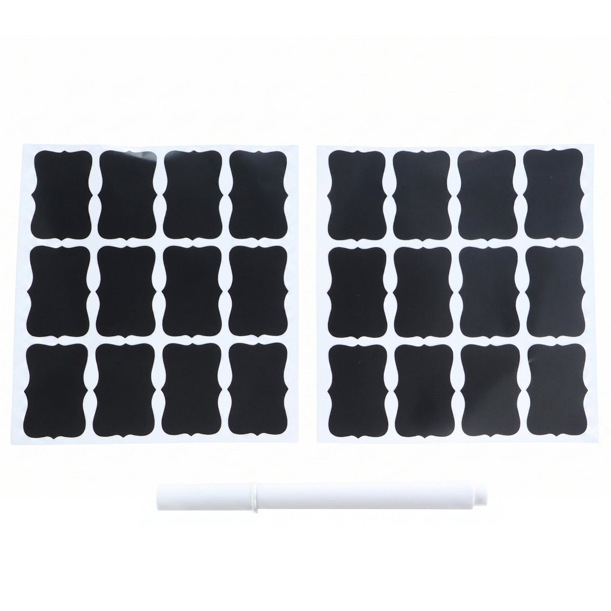 Two sheets of blank chalkboard labels and a white marker on a white background.