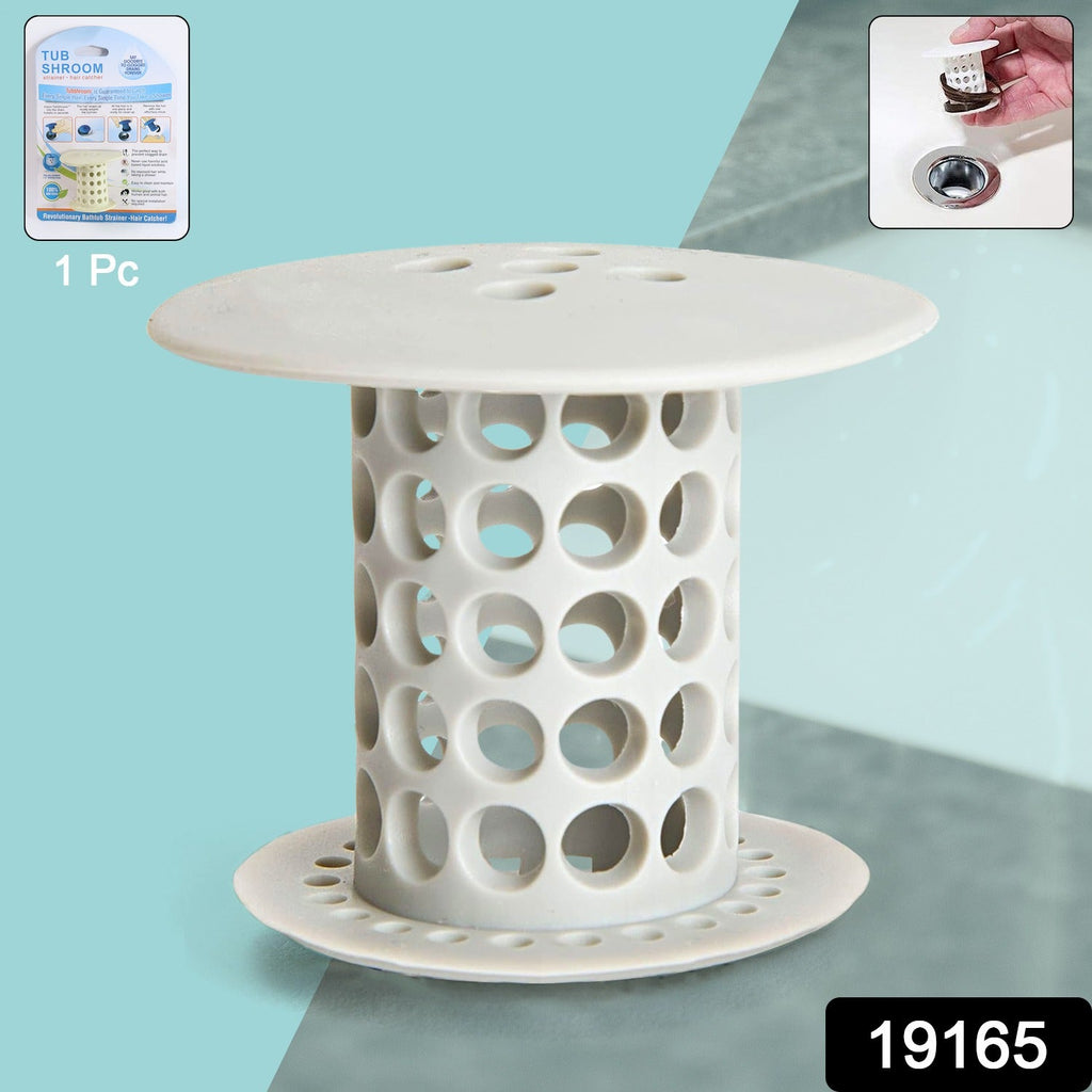 A white silicone tub drain hair catcher stands against a blue and gray background, with an inset of it in a drain and a