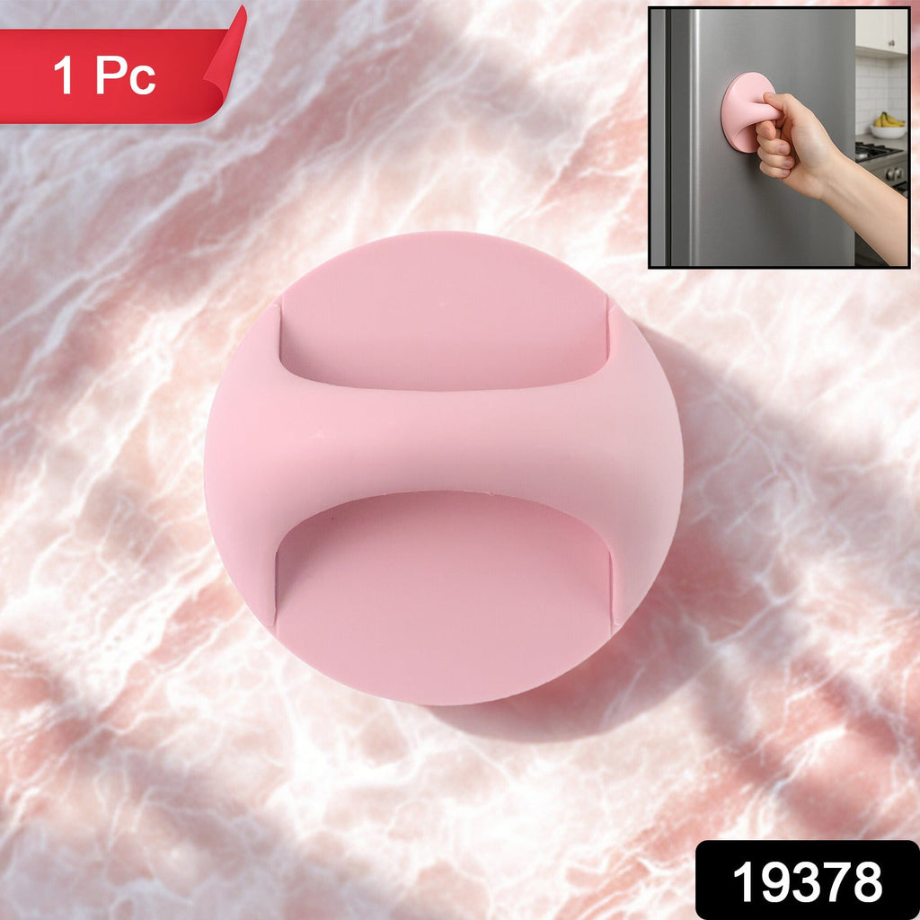 A pink self-adhesive handle on a pink marble background, with a small inset showing it on a refrigerator.