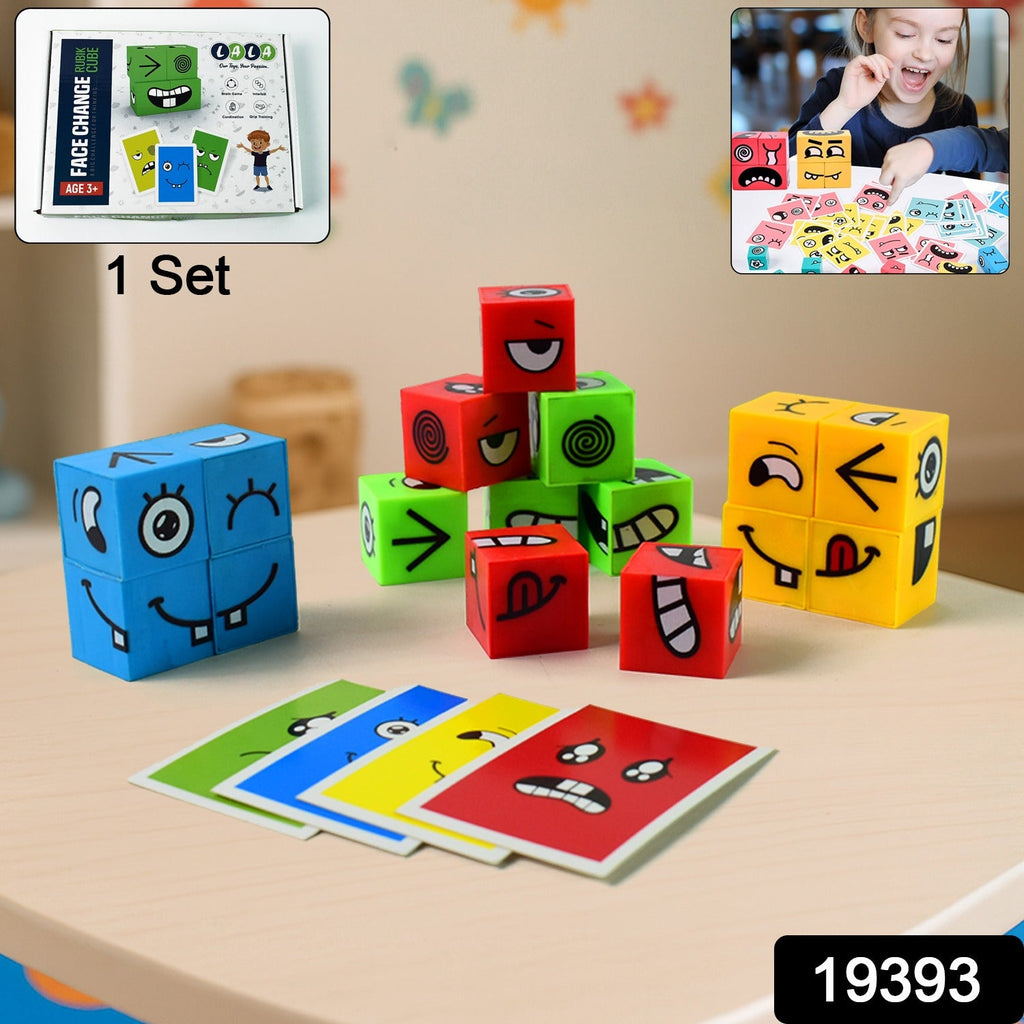 A set of emotion cubes and cards are displayed on a wooden table, with a product box and a child playing in the background.