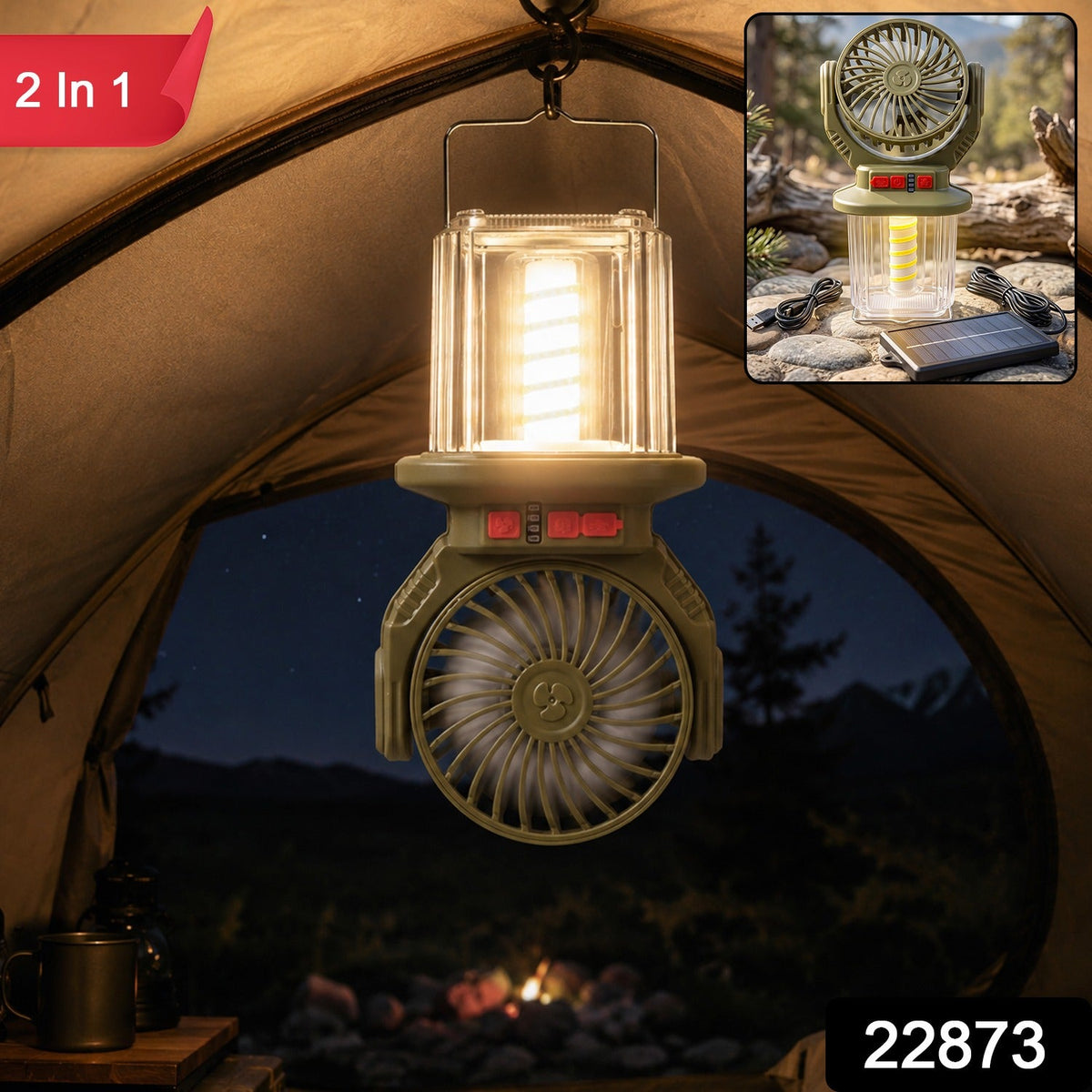 2 In 1 Solar Rechargeable Camping Fan with LED Lantern Light Portable