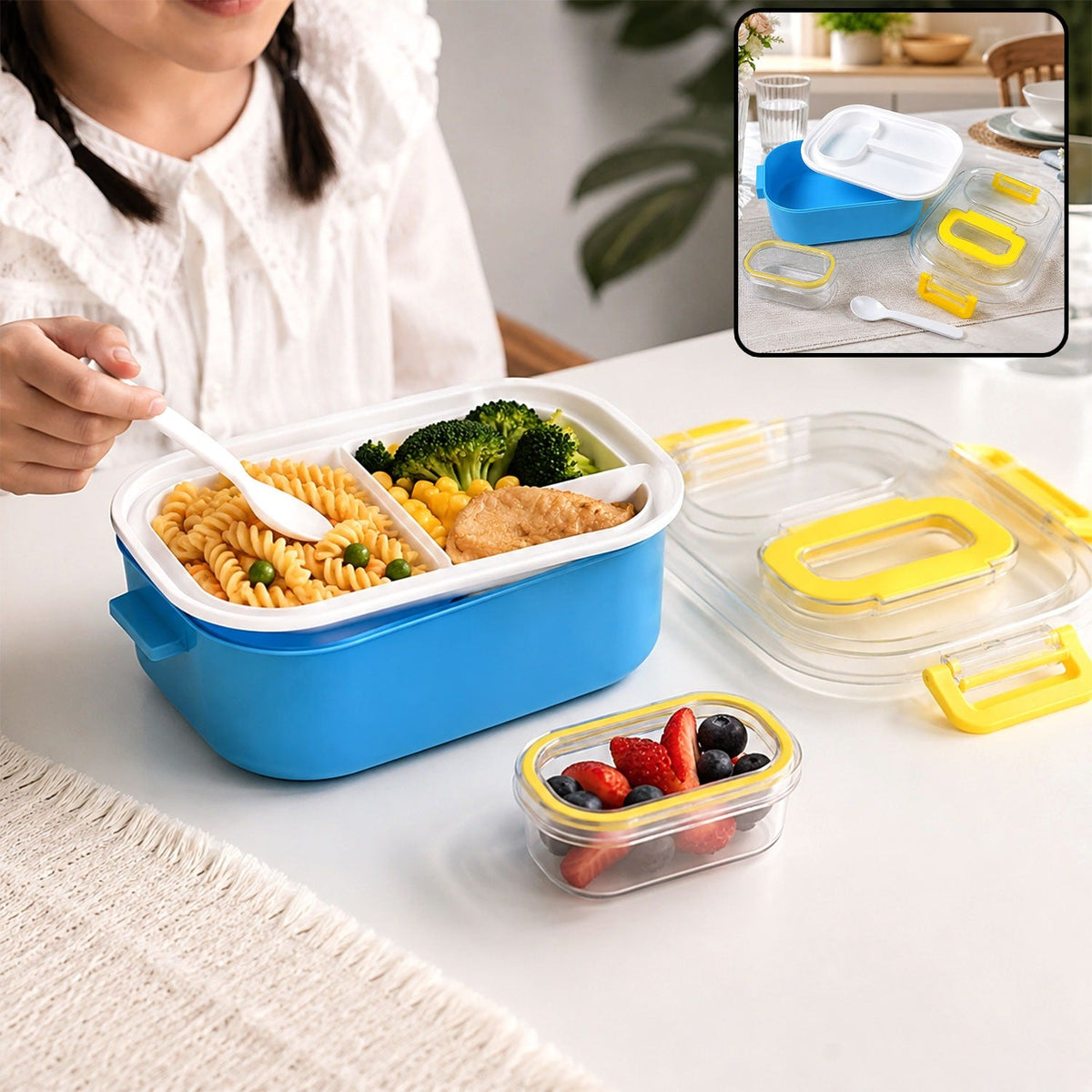 A child eats pasta, broccoli, and chicken from a blue and white lunch box with a small berry container.