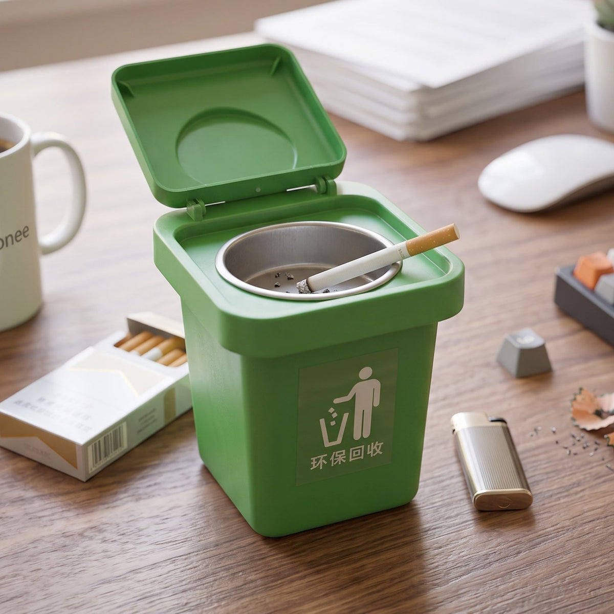 A green mini trash can ashtray with an open lid on a wooden desk, holding a lit cigarette, next to a pack of cigarettes and