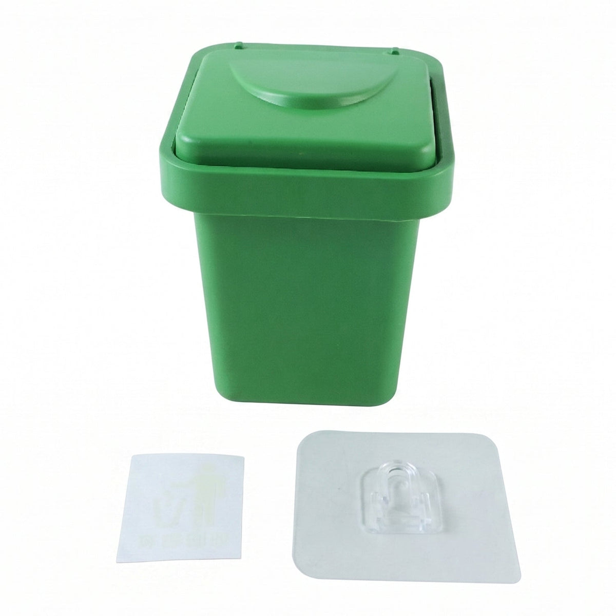 A closed green mini trash can ashtray next to two adhesive wall mounts on a white background.