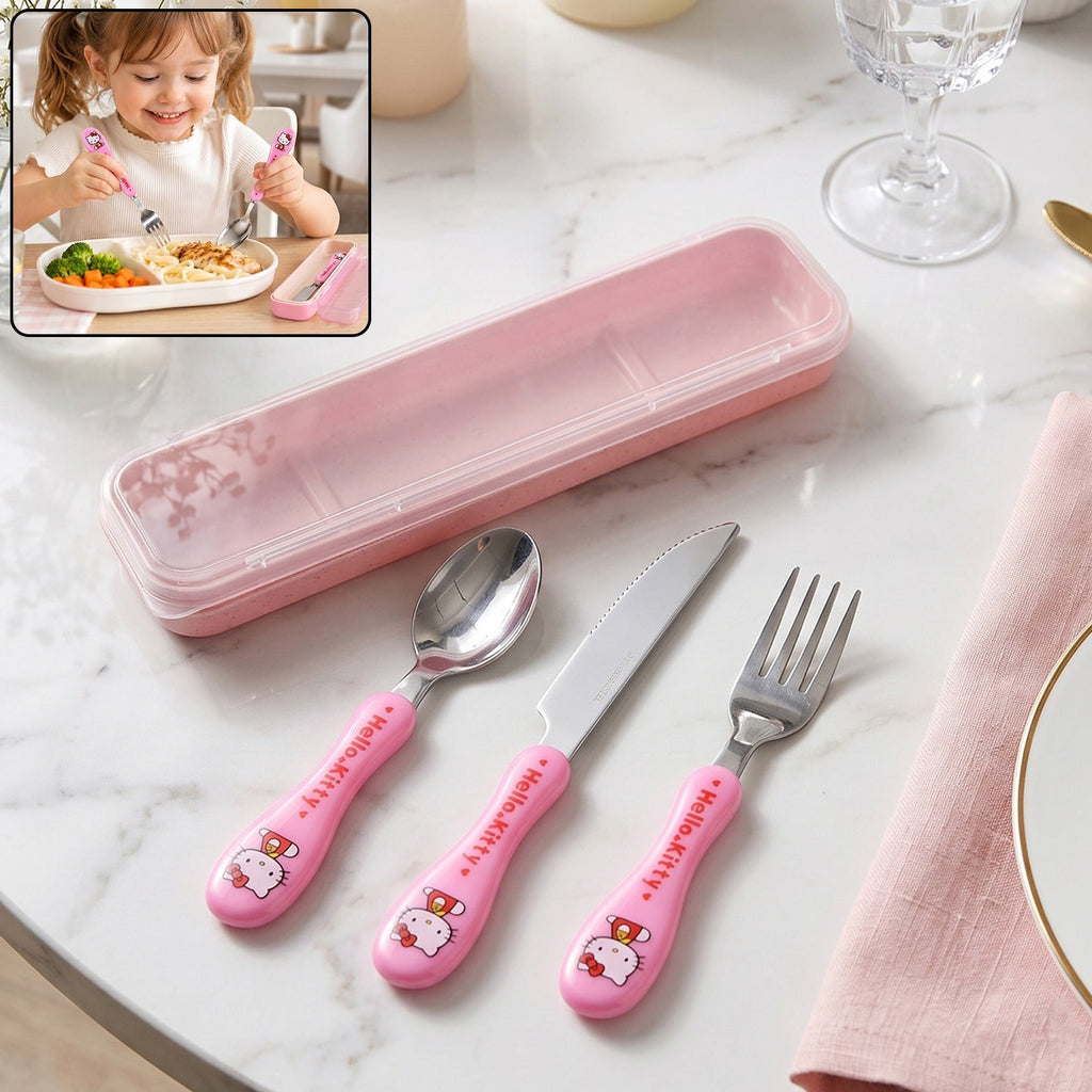 Pink Hello Kitty spoon, knife, and fork next to a pink case, with a child eating in the corner,
