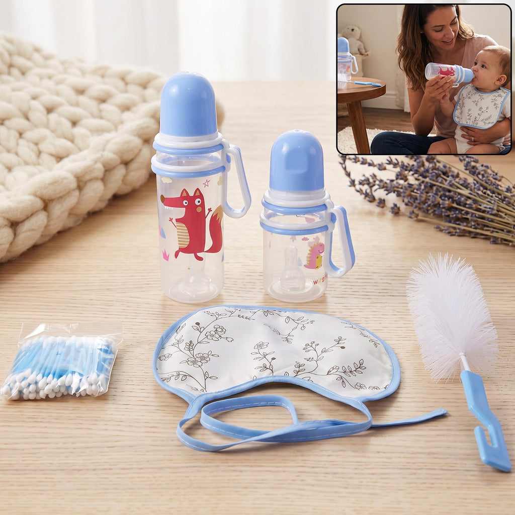 Plastic baby feeding bottle set with bib, brush and cotton buds