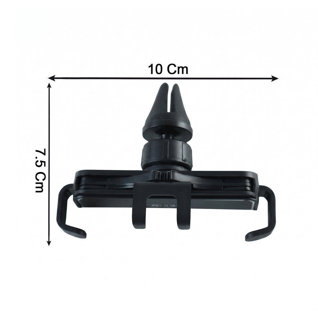 A black plastic car air vent phone holder with dimensions of 10 cm width and 7.5 cm height.