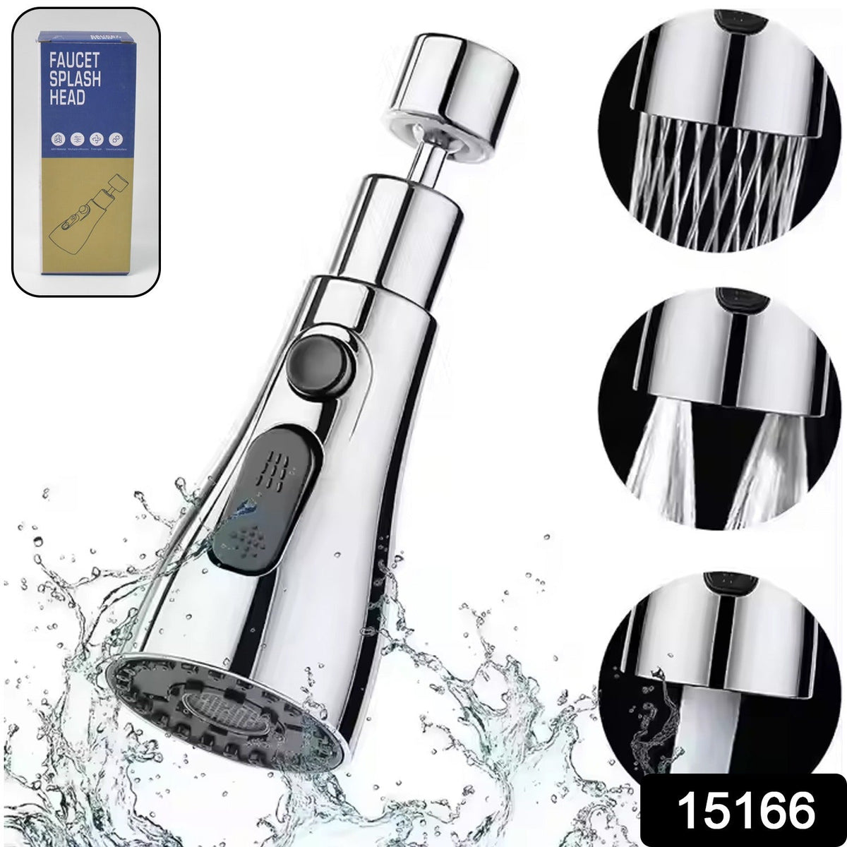 A chrome faucet sprayer head with black buttons is shown with three close-ups of different spray patterns and a box.