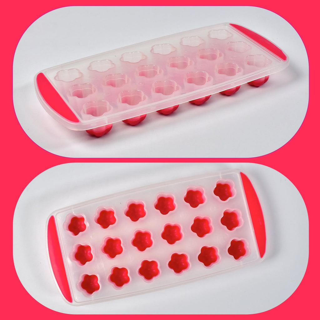 Elegant flower ice tray and finished flower-shaped ice cubes displayed on a table.