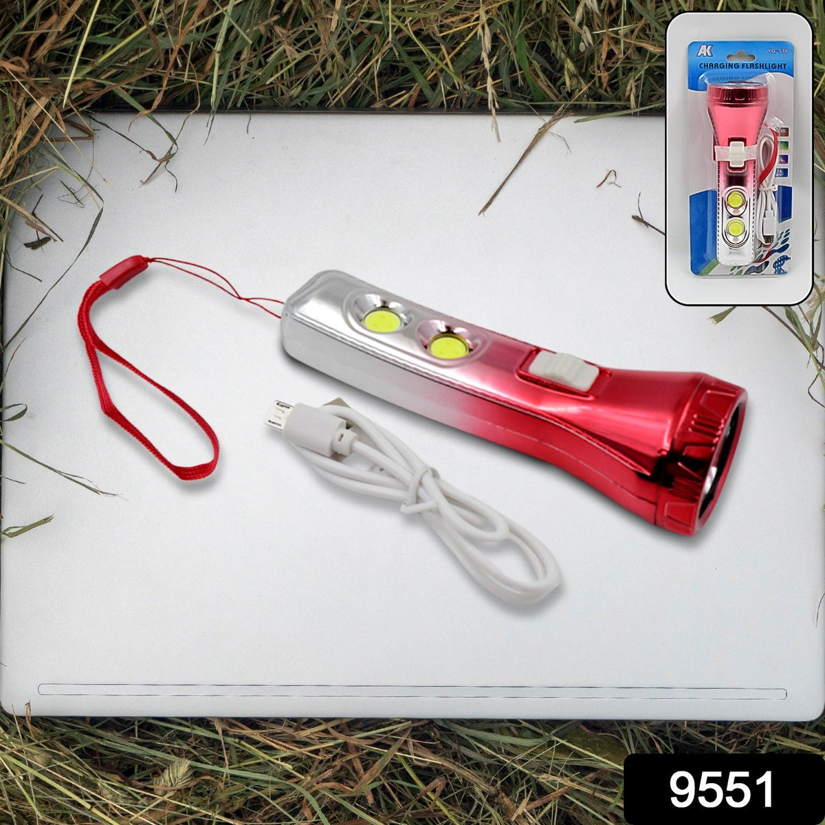 A red and silver torchlight, USB cable, and retail packaging are displayed on a laptop in grass.