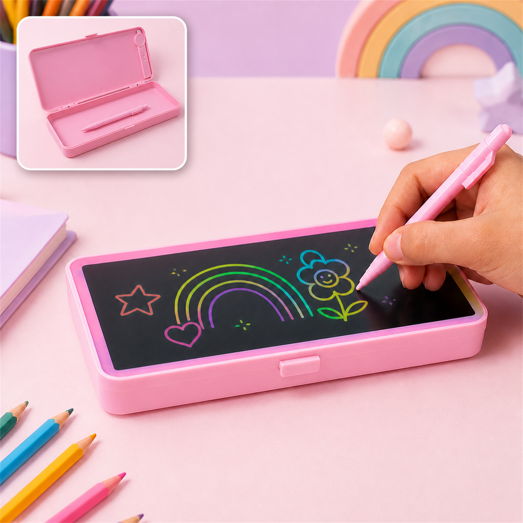 Pink LCD writing tablet pencil case with a rainbow and flower drawing, a pink stylus in a hand, and a close-up of the open