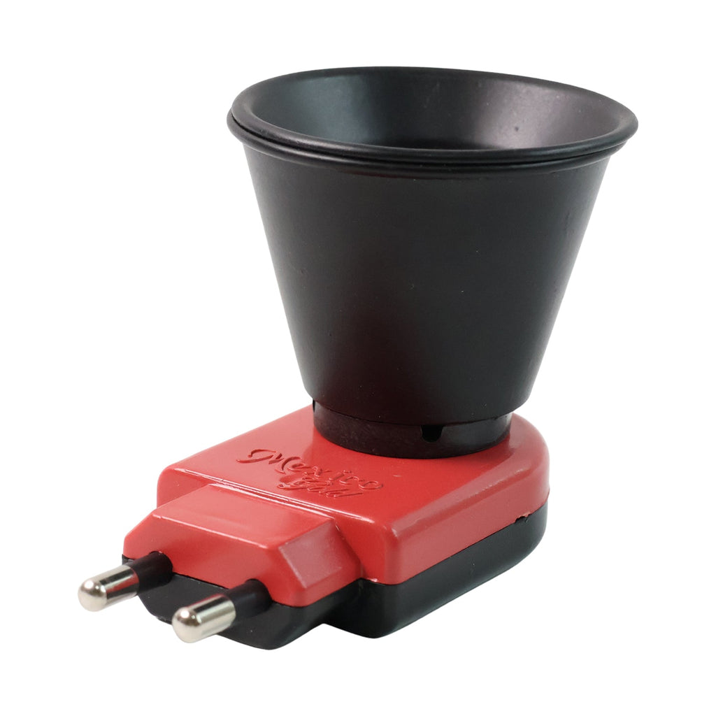 A red and black electric Kapoor Dani diffuser with a two-pin plug, isolated on a white background.