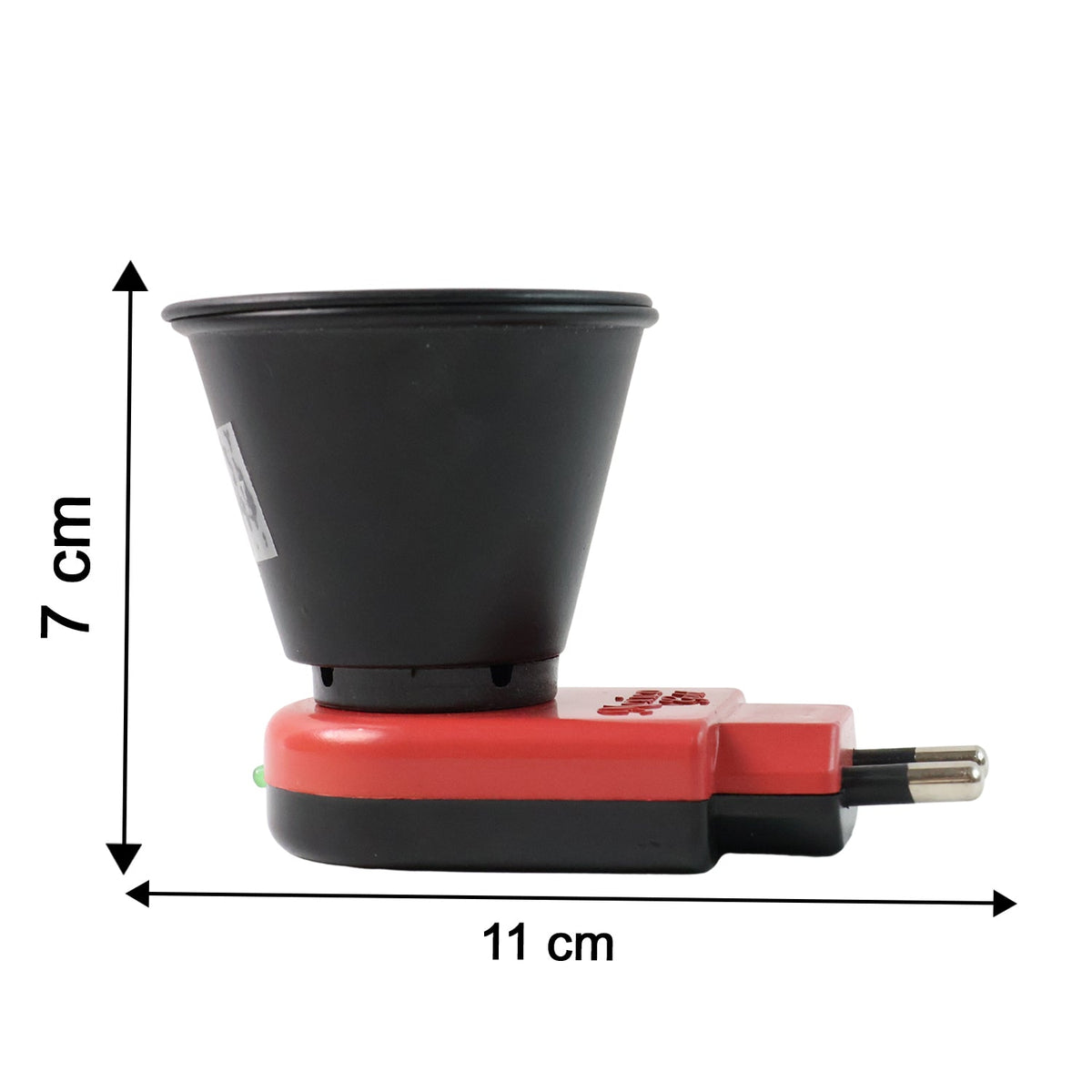 A side view of the red and black electric Kapoor Dani diffuser with dimensions of 7 cm height and 11 cm length.