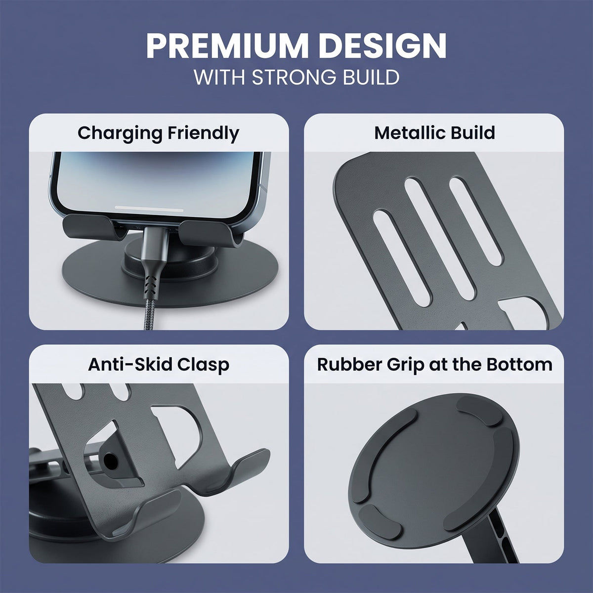 A collage of four close-up images highlighting features of the black metal mobile stand, including charging friendly and