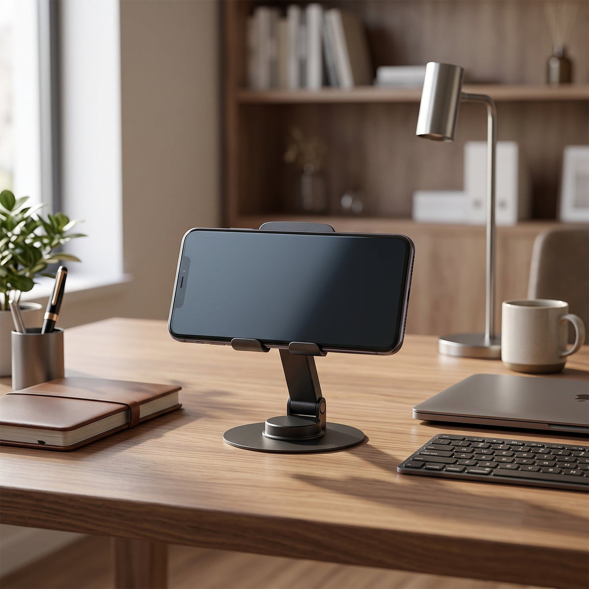 A black metal mobile stand holds a phone horizontally on a wooden desk, with a silver lamp and coffee mug.
