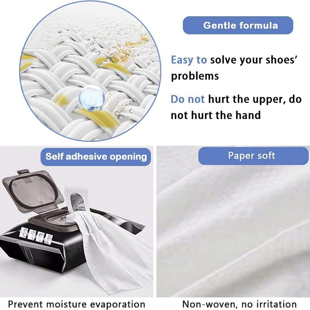 Four informational panels show a close-up of fabric, product features, and a soft white wipe.