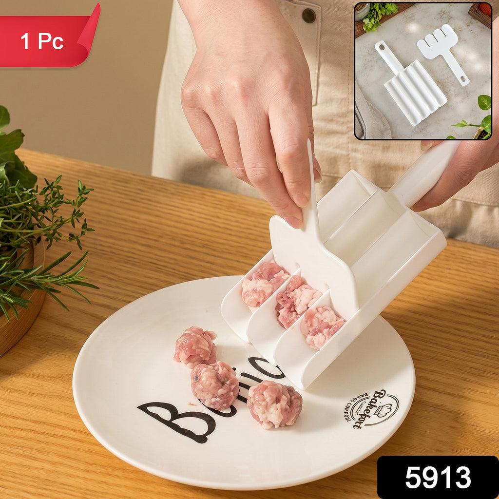 A person uses a white plastic meatball maker to scoop raw ground meat onto a white plate, with a "1 Pc" label.