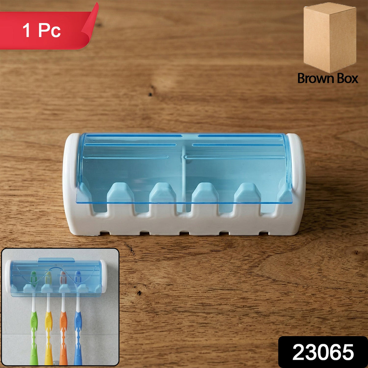 White and blue toothbrush holder on a wooden surface with a small inset image and a brown box icon