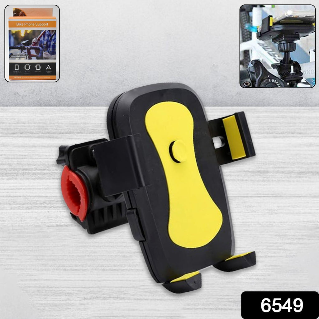 Black and yellow phone mount with red clamp on a light wood surface. Insets show product details and usage examples