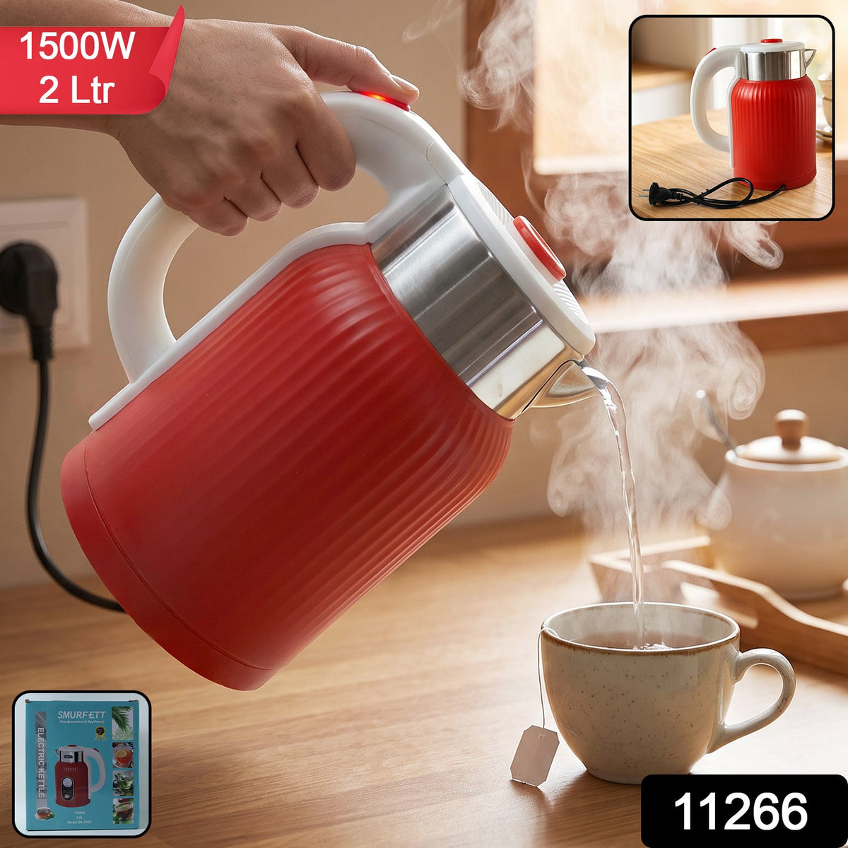 A red ribbed electric kettle with a white handle and stainless steel top pours steaming water into a teacup, with product