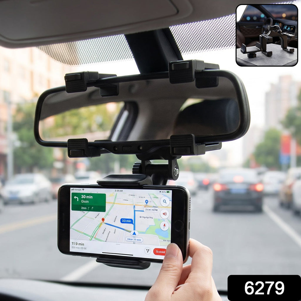 A black car phone mount attached to a rear view mirror, holding a smartphone displaying a navigation app, with a '6279'