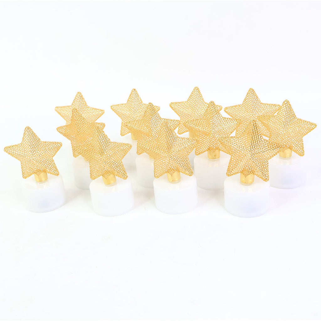 Ten LED tealights with golden mesh stars arranged in two rows on a plain white background.