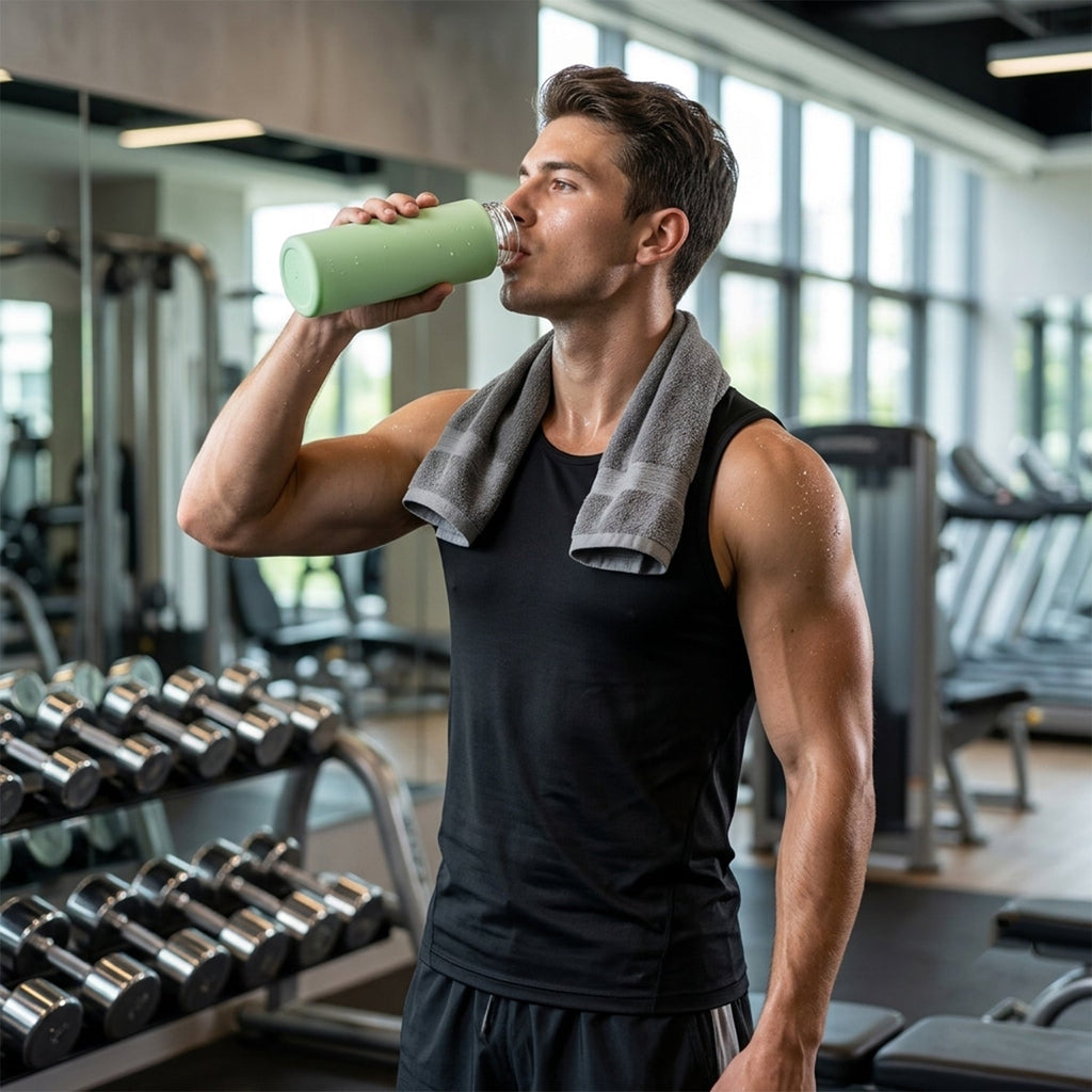 A man in a gym drinking from a light green glass water bottle with a silicone sleeve, with weights in the background.