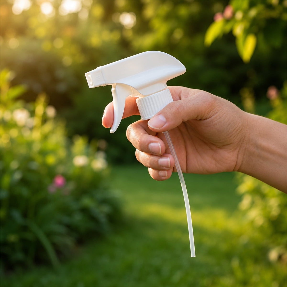 A hand holds a white plastic spray nozzle with a long tube in a sunny garden with green foliage and pink flowers.